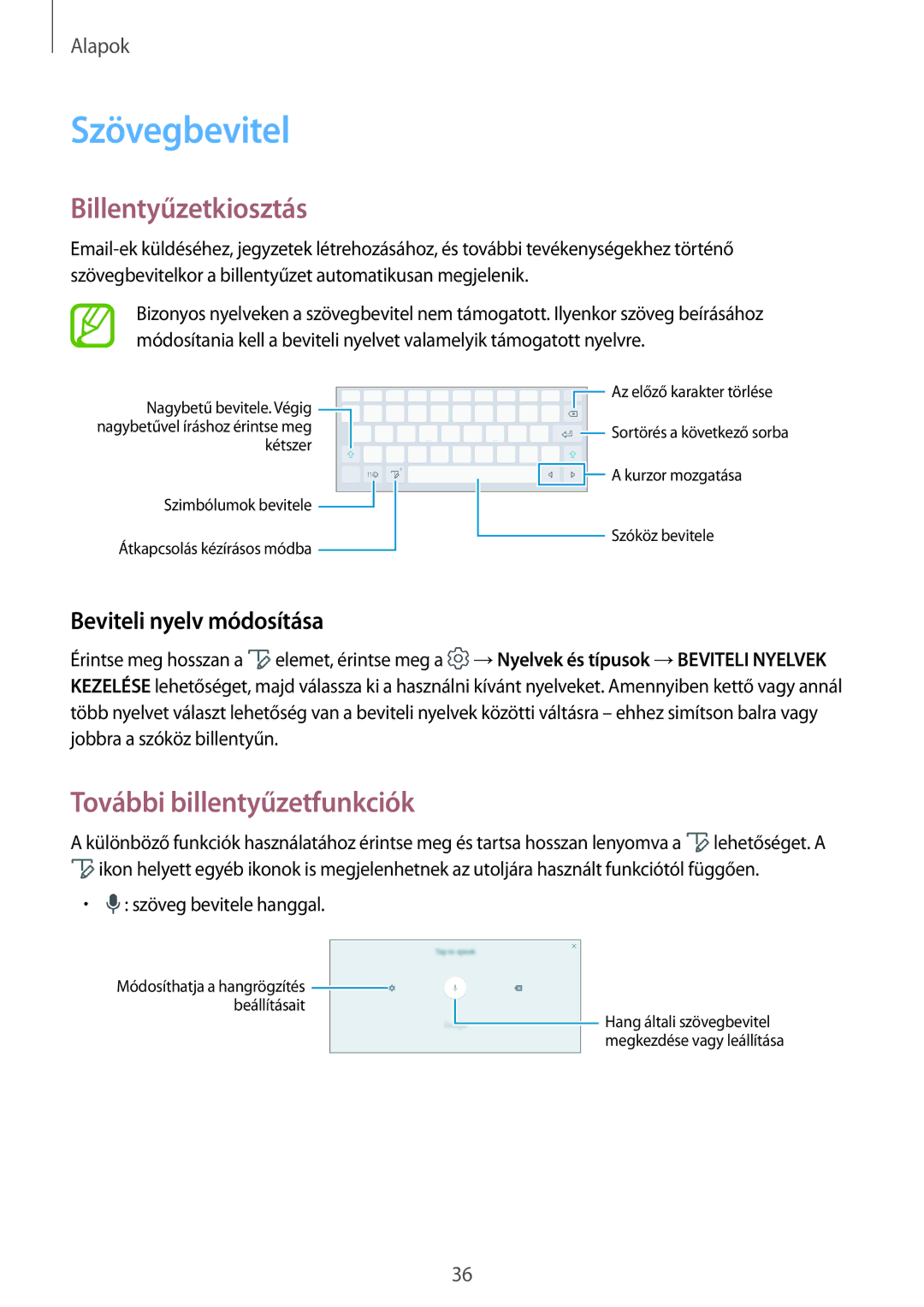 Samsung SM-P550NZWAAUT manual Szövegbevitel, Billentyűzetkiosztás, További billentyűzetfunkciók, Beviteli nyelv módosítása 