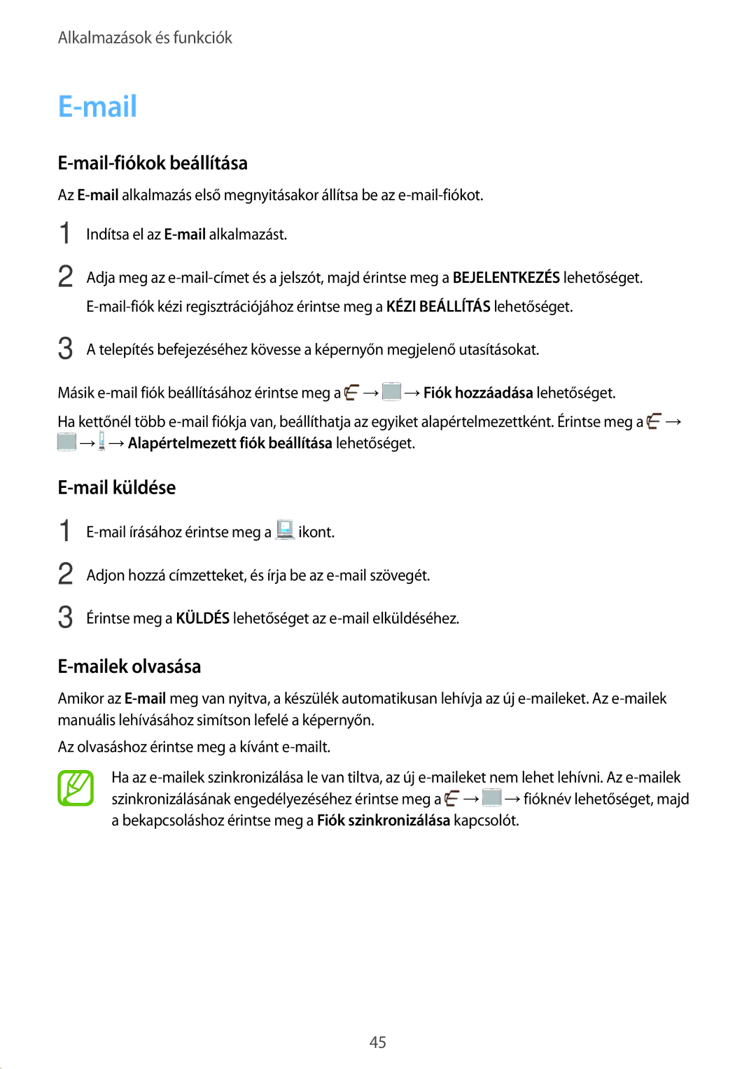 Samsung SM-P550NZKAXSK, SM-P550NZKAXEZ, SM-P550NZKAAUT manual Mail-fiókok beállítása, Mail küldése, Mailek olvasása 