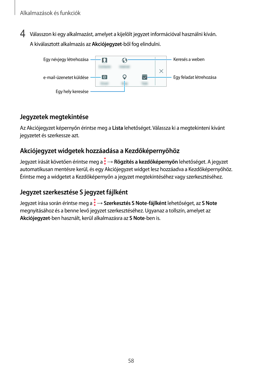 Samsung SM-P550NZWAXEH, SM-P550NZKAXEZ manual Jegyzetek megtekintése, Akciójegyzet widgetek hozzáadása a Kezdőképernyőhöz 