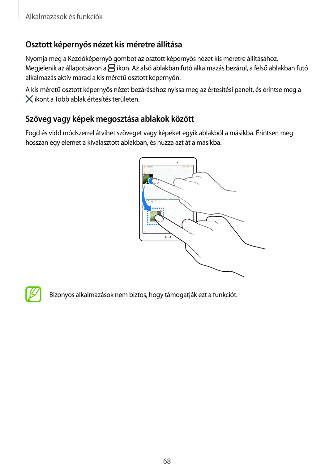 Samsung SM-P550NZWAXEH manual Osztott képernyős nézet kis méretre állítása, Szöveg vagy képek megosztása ablakok között 