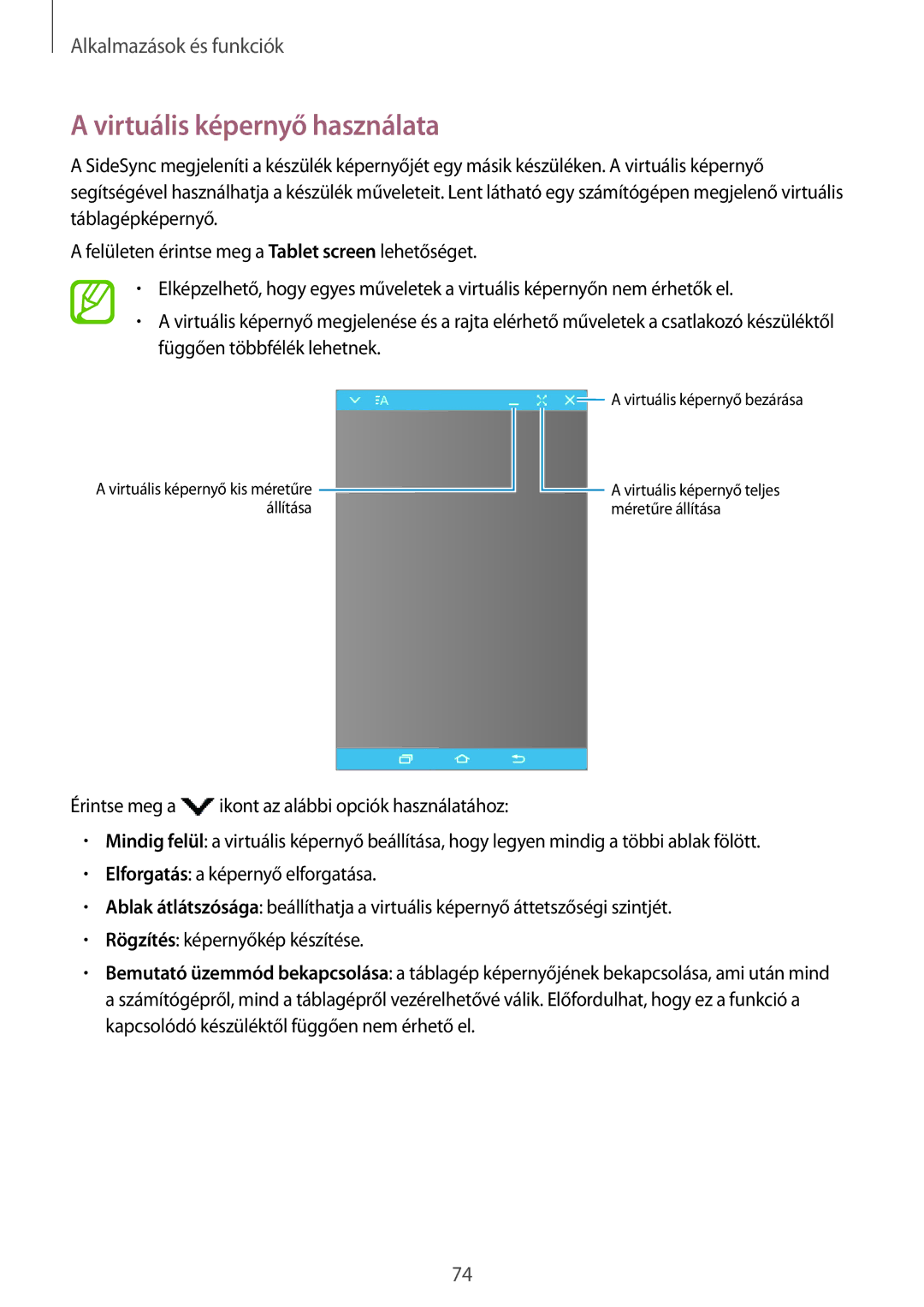 Samsung SM-P550NZWAXEZ, SM-P550NZKAXEZ, SM-P550NZKAAUT, SM-T550NZKAXEH, SM-P550NZWAEUR manual Virtuális képernyő használata 