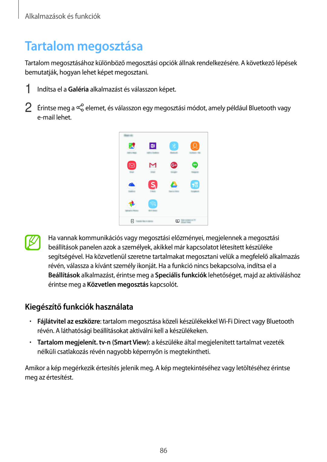 Samsung SM-P550NZWAAUT, SM-P550NZKAXEZ, SM-P550NZKAAUT, SM-T550NZKAXEH Tartalom megosztása, Kiegészítő funkciók használata 