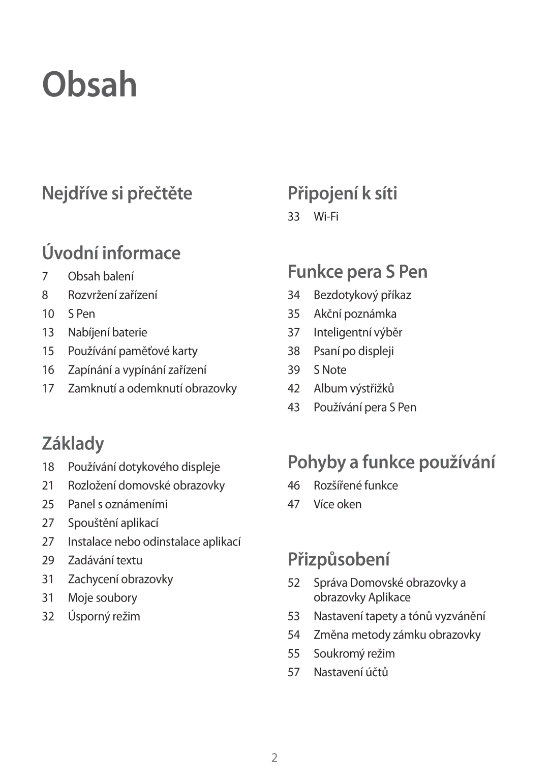 Samsung SM2T550NZWAXEZ, SM-P550NZKAXEZ, SM-T550NZKAAUT, SM2T550NZKAXEZ manual Obsah, Wi-Fi, 46 Rozšířené funkce 47 Více oken 