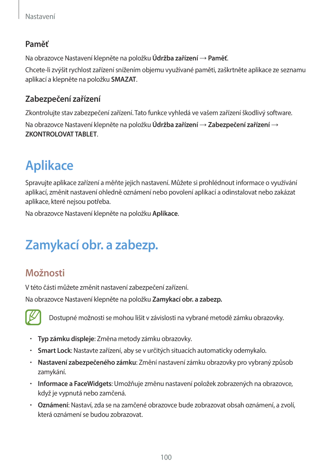 Samsung SM-T550NZWAEUR, SM-P550NZKAXEZ, SM-T550NZKAAUT manual Aplikace, Zamykací obr. a zabezp, Paměť, Zabezpečení zařízení 