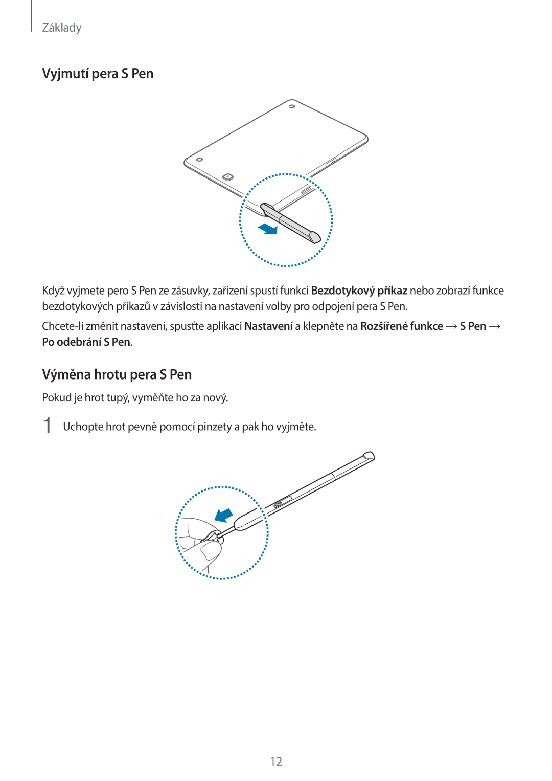 Samsung SM-T550NZWAXEZ, SM-P550NZKAXEZ, SM-T550NZKAAUT, SM2T550NZWAXEZ manual Vyjmutí pera S Pen, Výměna hrotu pera S Pen 