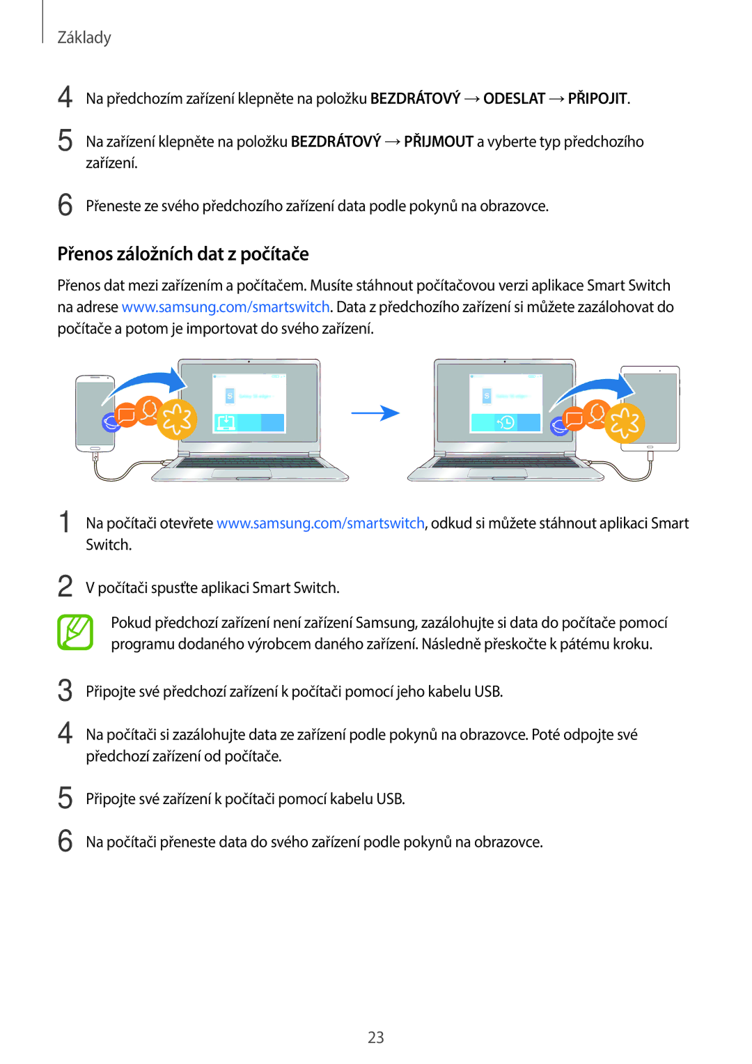 Samsung SM-T550NZWAAUT, SM-P550NZKAXEZ manual Přenos záložních dat z počítače, Počítači spusťte aplikaci Smart Switch 