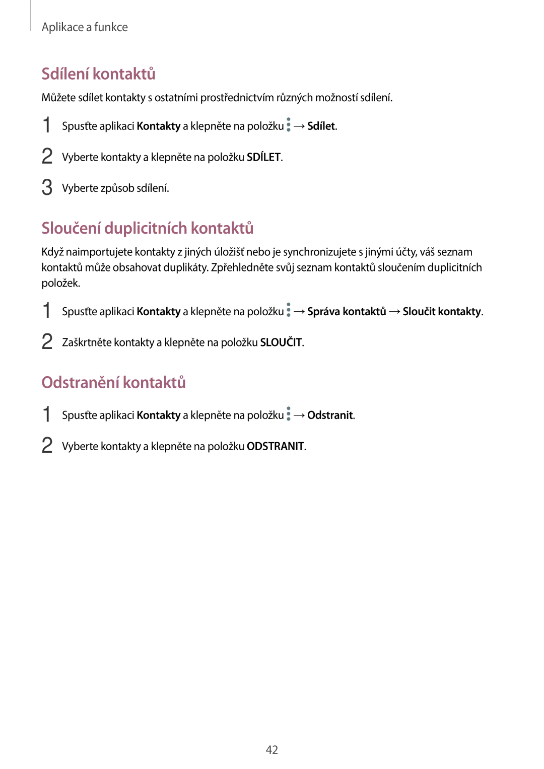 Samsung SM-T550NZKAXEH, SM-P550NZKAXEZ manual Sdílení kontaktů, Sloučení duplicitních kontaktů, Odstranění kontaktů 