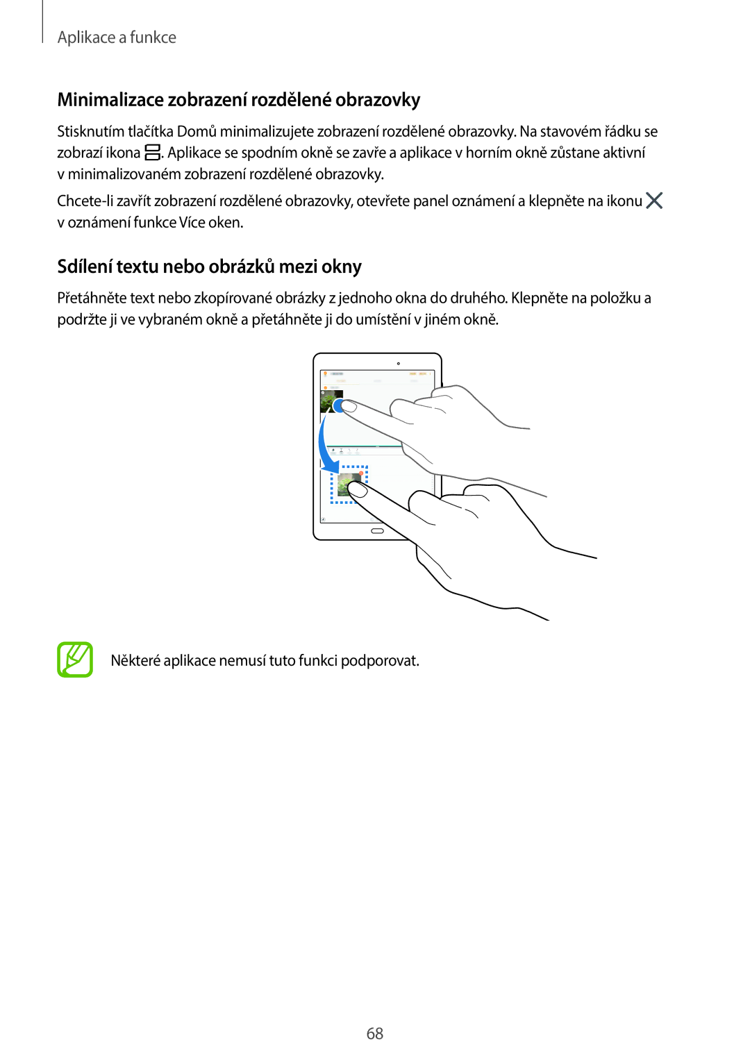 Samsung SM-T550NZWAEUR, SM-P550NZKAXEZ Minimalizace zobrazení rozdělené obrazovky, Sdílení textu nebo obrázků mezi okny 