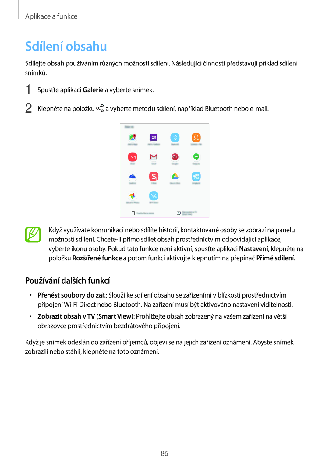 Samsung SM2T550NZKAXSK, SM-P550NZKAXEZ, SM-T550NZKAAUT, SM2T550NZWAXEZ manual Sdílení obsahu, Používání dalších funkcí 