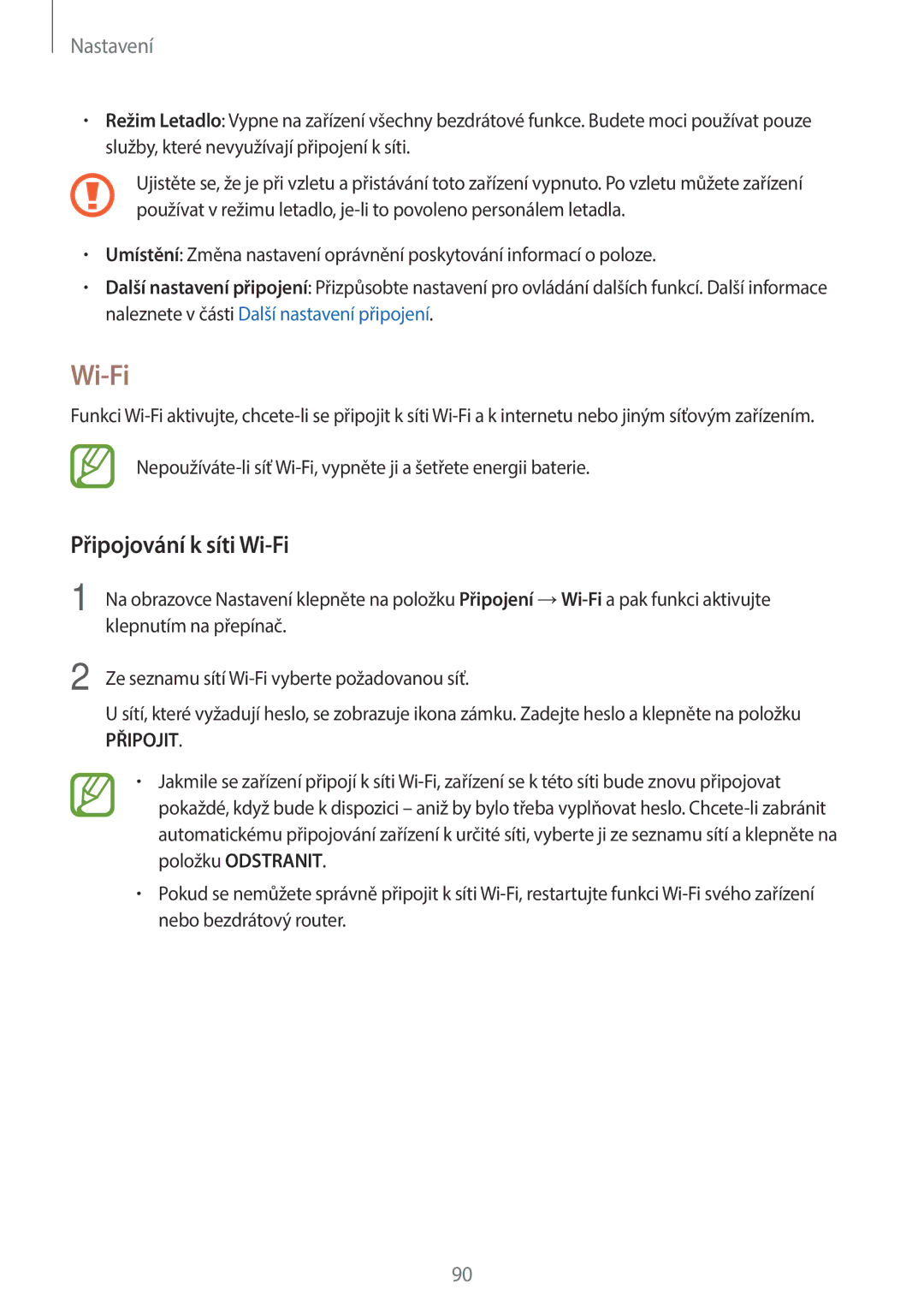 Samsung SM-T550NZKAXEH, SM-P550NZKAXEZ, SM-T550NZKAAUT, SM2T550NZWAXEZ, SM2T550NZKAXEZ manual Připojování k síti Wi-Fi 