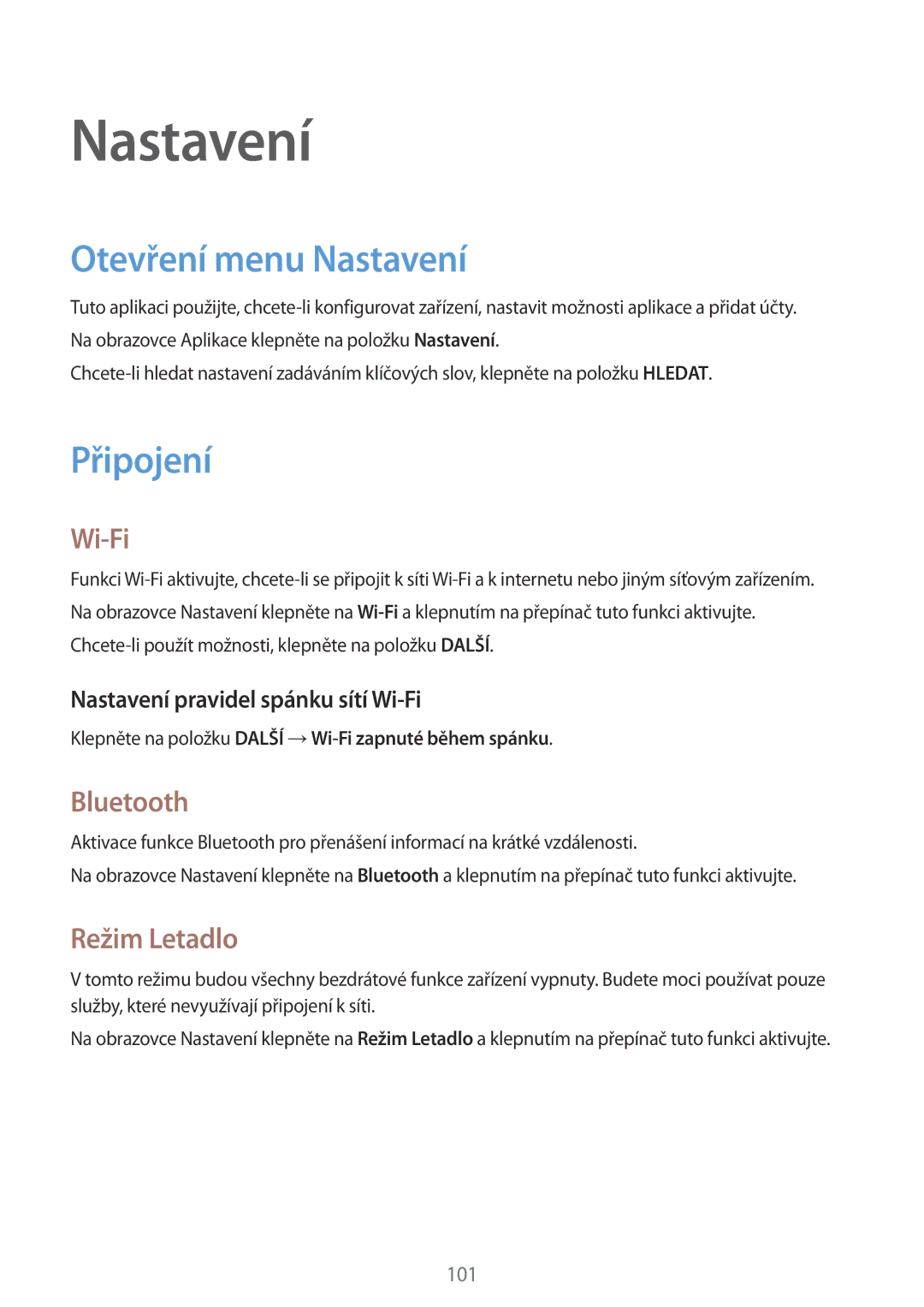 Samsung SM-P550NZKAXEZ manual Otevření menu Nastavení, Připojení 