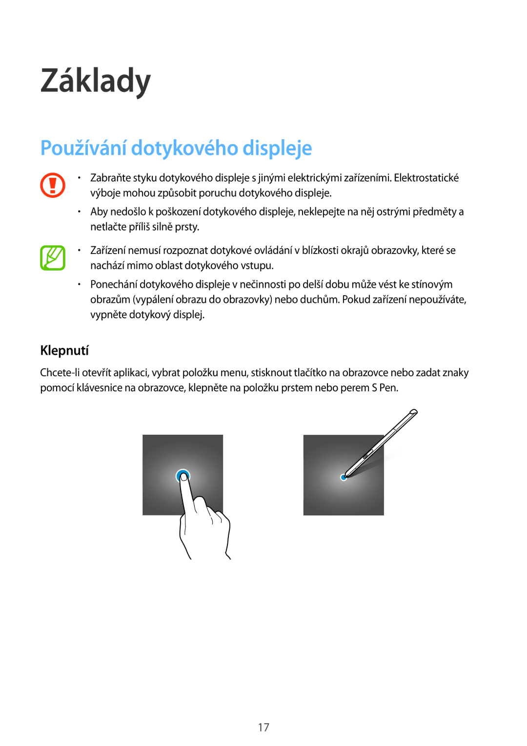 Samsung SM-P550NZKAXEZ manual Základy, Používání dotykového displeje, Klepnutí 