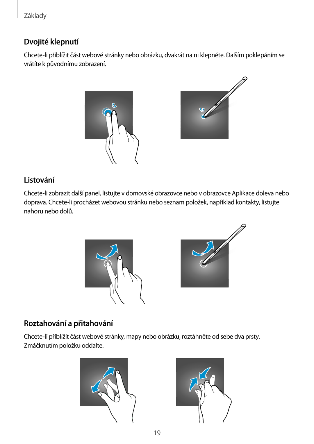 Samsung SM-P550NZKAXEZ manual Dvojité klepnutí, Listování, Roztahování a přitahování 