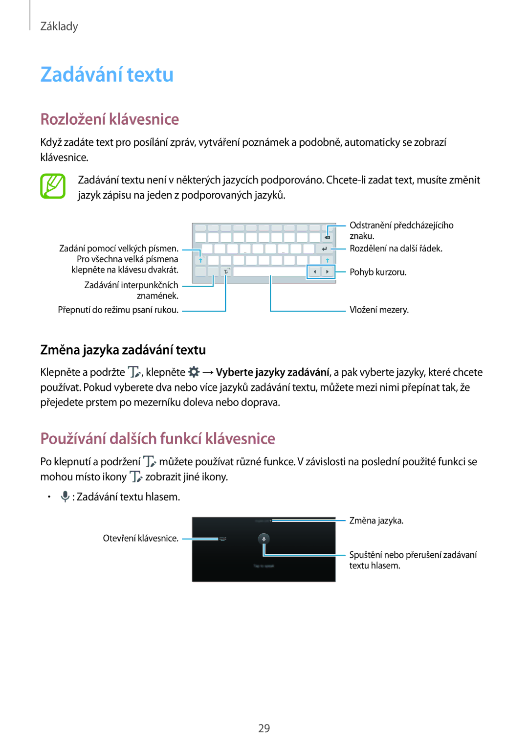 Samsung SM-P550NZKAXEZ manual Zadávání textu, Rozložení klávesnice, Používání dalších funkcí klávesnice 