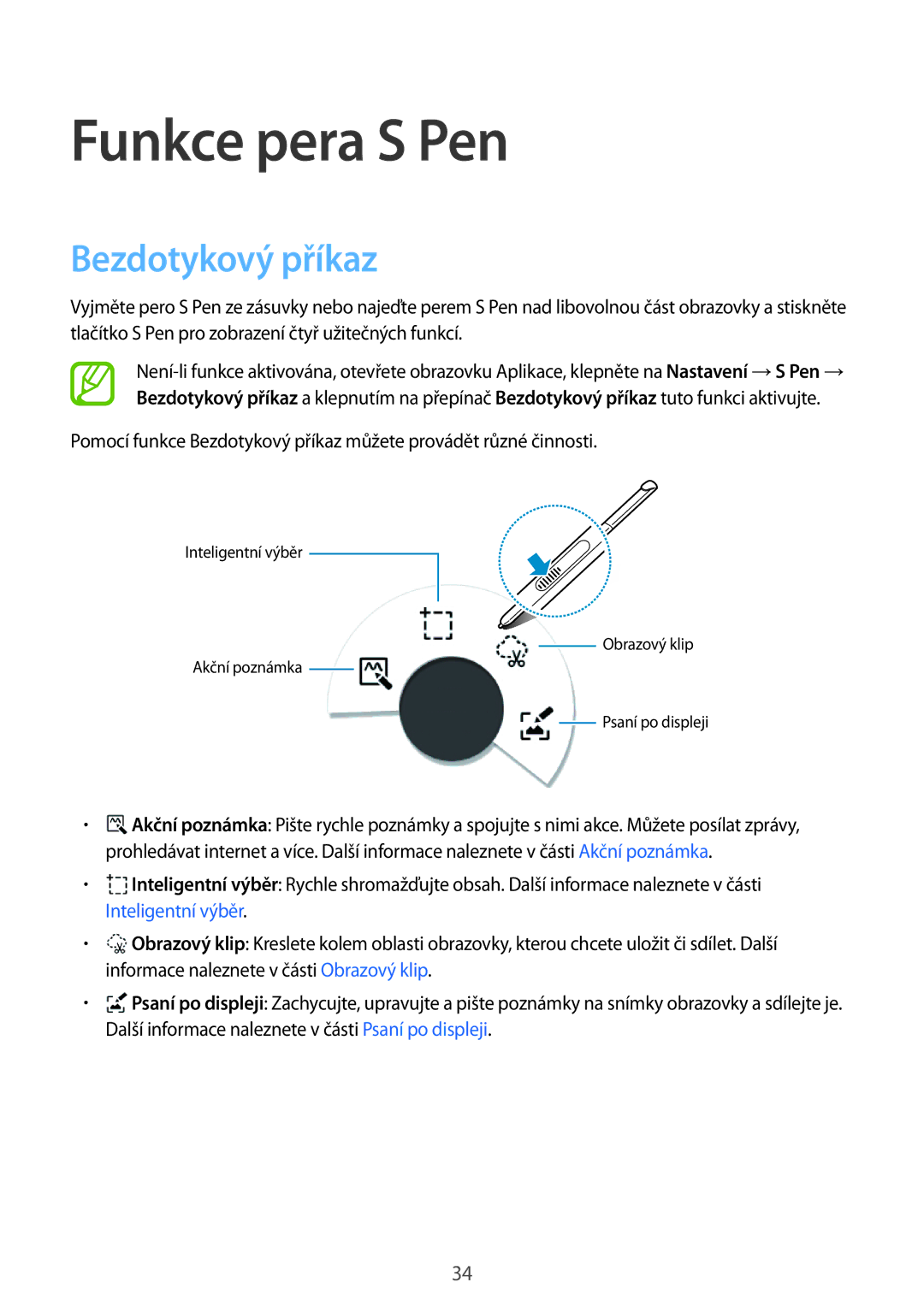 Samsung SM-P550NZKAXEZ manual Funkce pera S Pen, Bezdotykový příkaz 