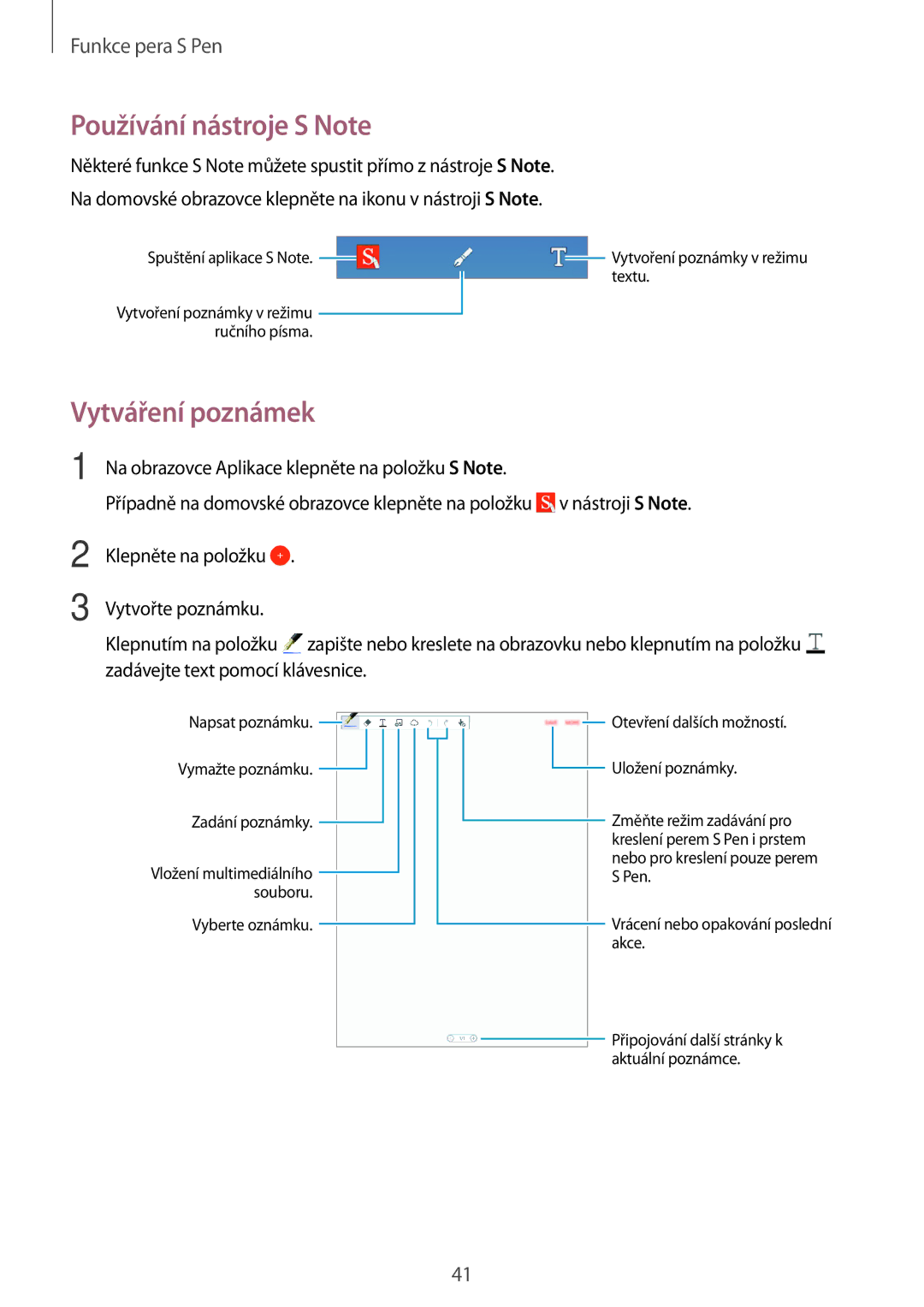 Samsung SM-P550NZKAXEZ manual Používání nástroje S Note, Vytváření poznámek 