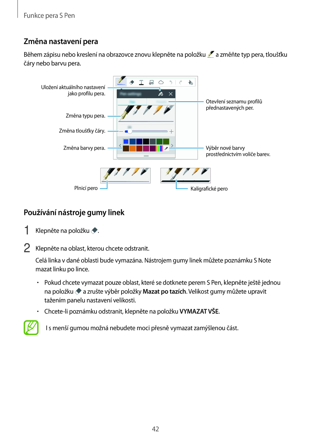 Samsung SM-P550NZKAXEZ manual Změna nastavení pera, Používání nástroje gumy linek 