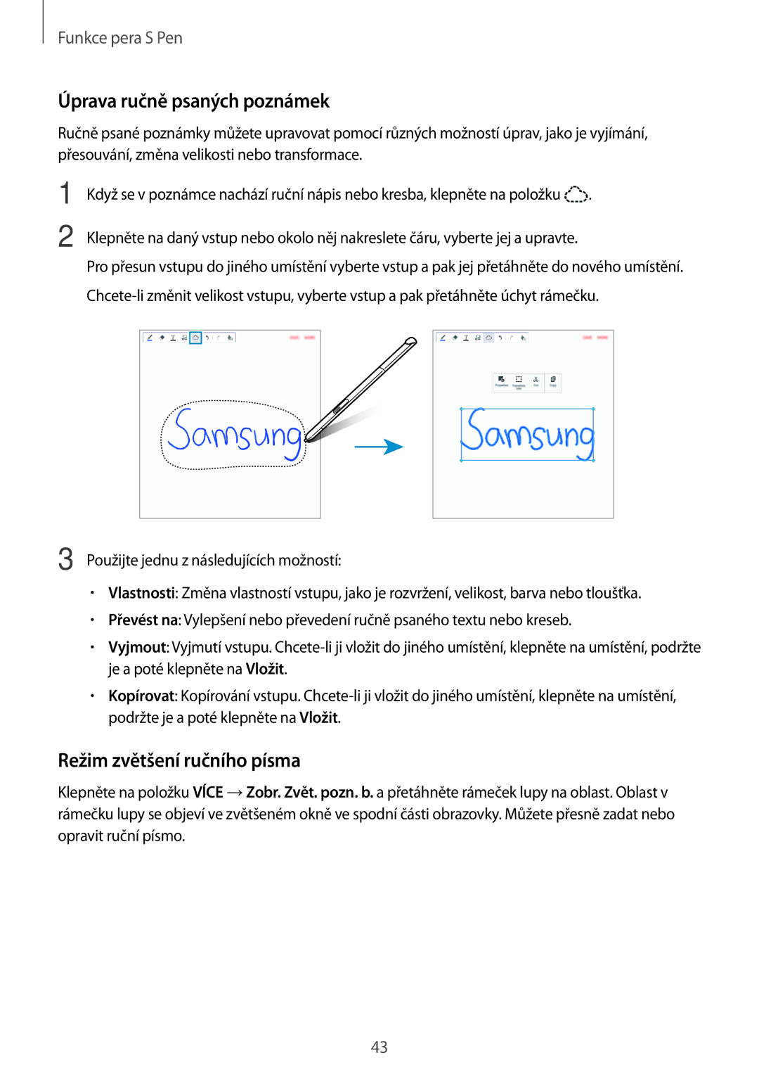 Samsung SM-P550NZKAXEZ manual Úprava ručně psaných poznámek, Režim zvětšení ručního písma 