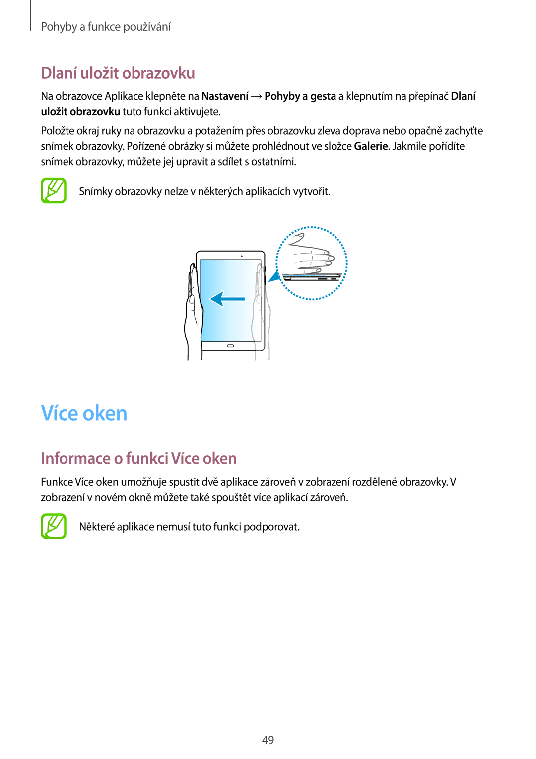 Samsung SM-P550NZKAXEZ manual Dlaní uložit obrazovku, Informace o funkci Více oken 