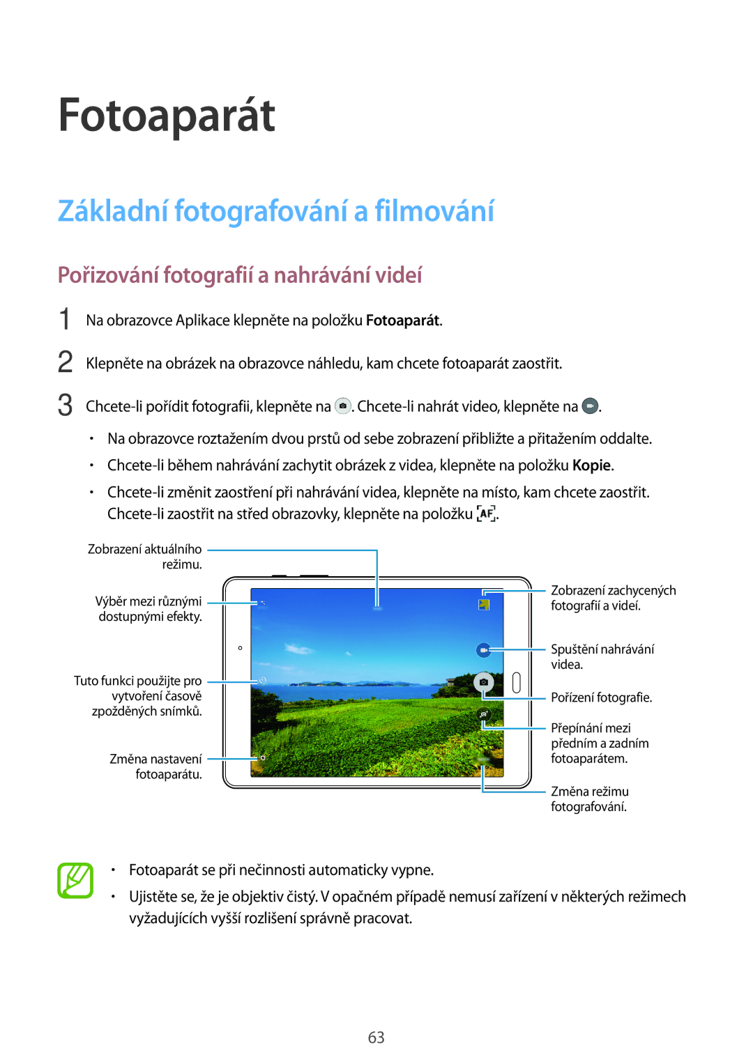 Samsung SM-P550NZKAXEZ manual Fotoaparát, Základní fotografování a filmování, Pořizování fotografií a nahrávání videí 