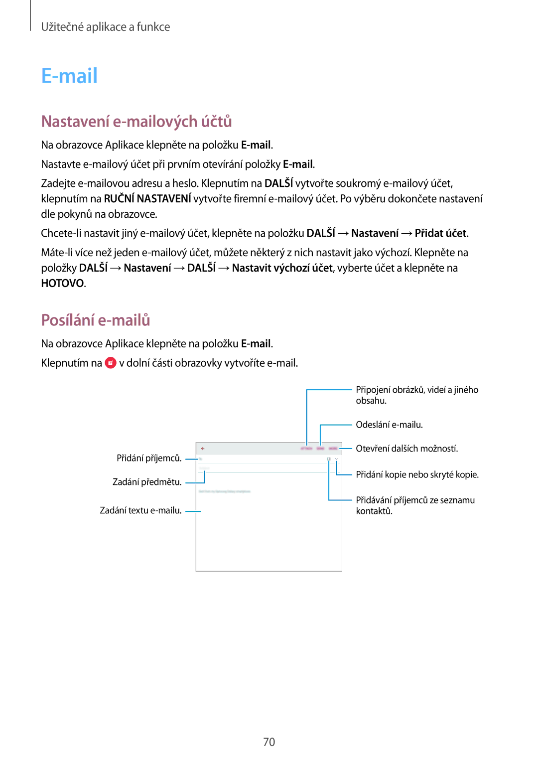 Samsung SM-P550NZKAXEZ manual Mail, Nastavení e-mailových účtů, Posílání e-mailů 