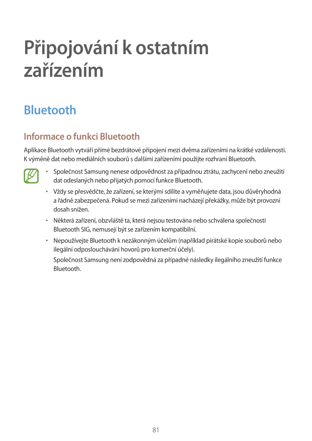 Samsung SM-P550NZKAXEZ manual Připojování k ostatním zařízením, Informace o funkci Bluetooth 