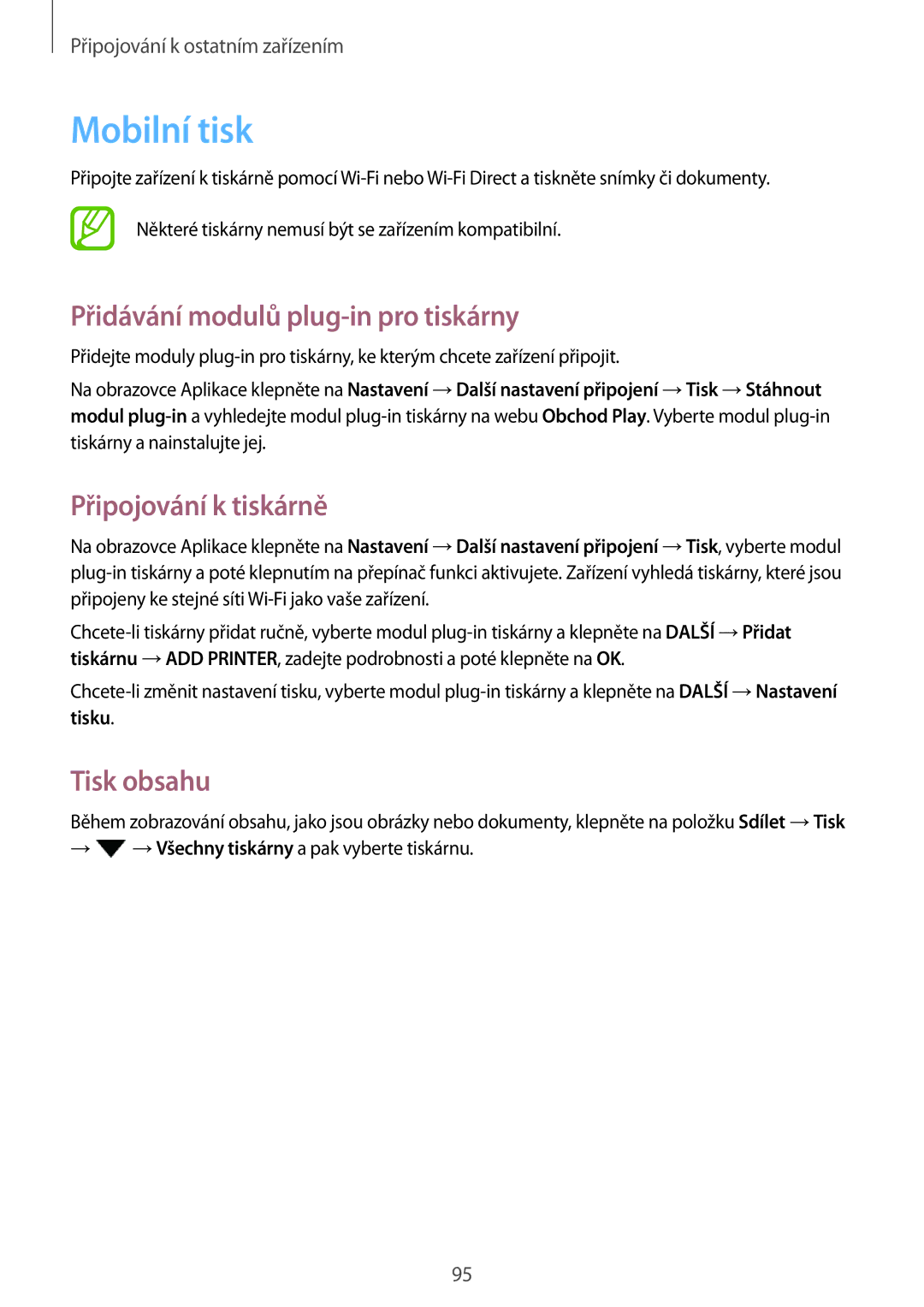 Samsung SM-P550NZKAXEZ manual Mobilní tisk, Přidávání modulů plug-in pro tiskárny, Připojování k tiskárně, Tisk obsahu 