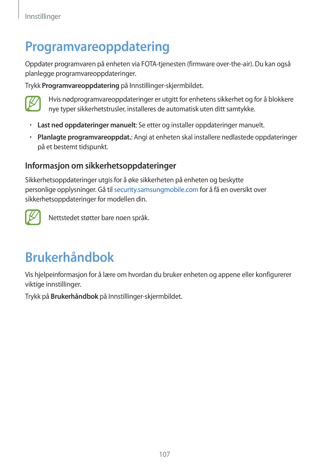 Samsung SM-T550NZWANEE, SM-P550NZWANEE manual Programvareoppdatering, Brukerhåndbok, Informasjon om sikkerhetsoppdateringer 