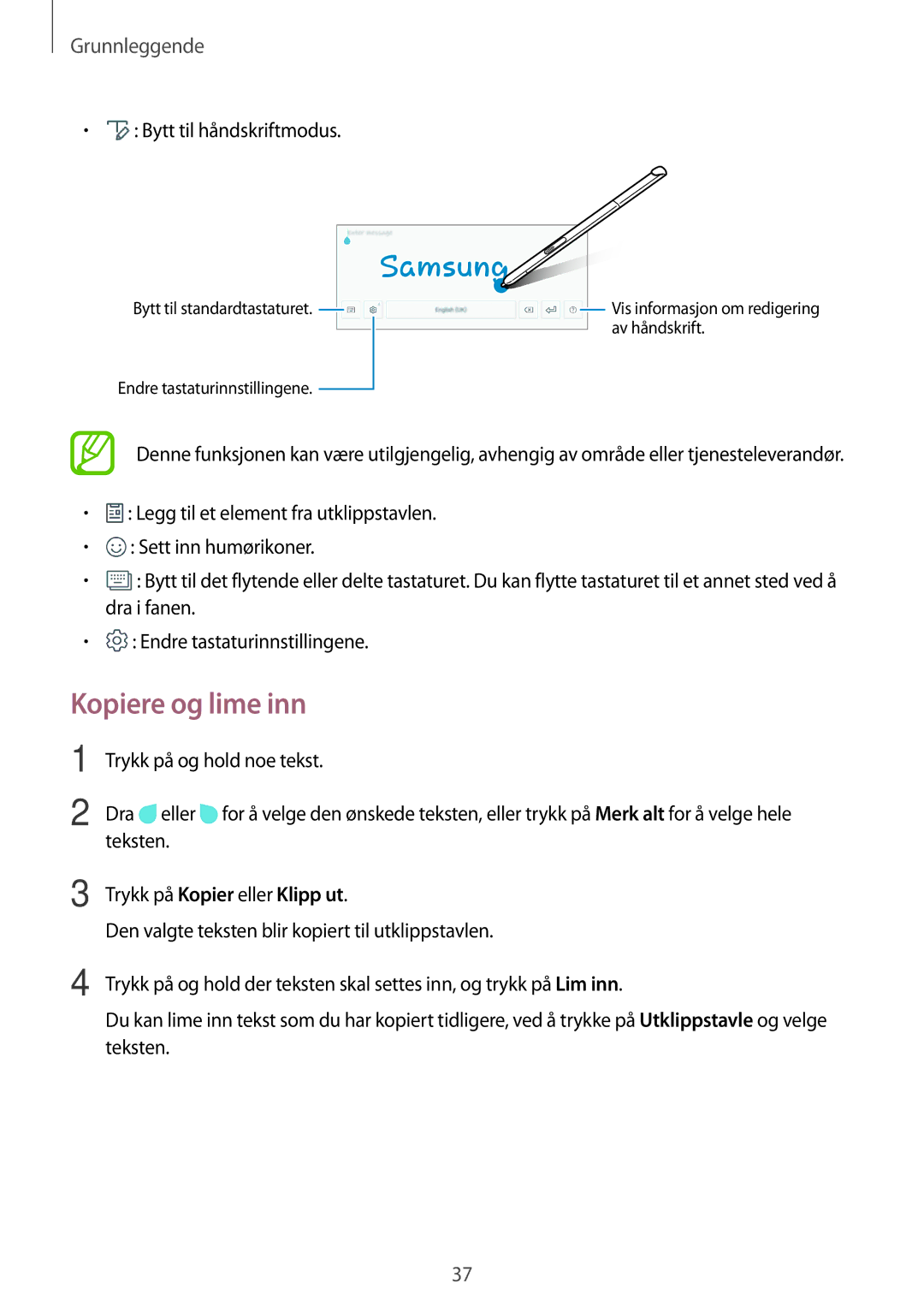 Samsung SM-P550NZAANEE, SM-P550NZWANEE, SM-P550NZBANEE manual Kopiere og lime inn, Bytt til håndskriftmodus, Teksten 