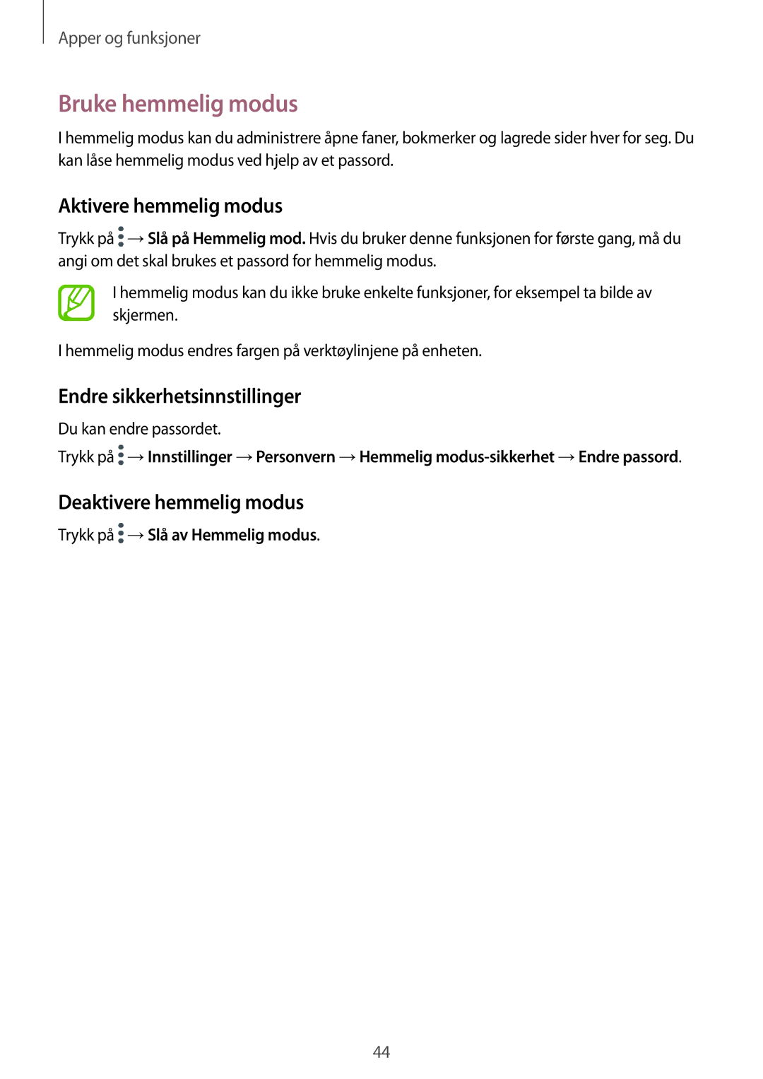 Samsung SM-P550NZWANEE, SM-P550NZAANEE manual Bruke hemmelig modus, Aktivere hemmelig modus, Endre sikkerhetsinnstillinger 