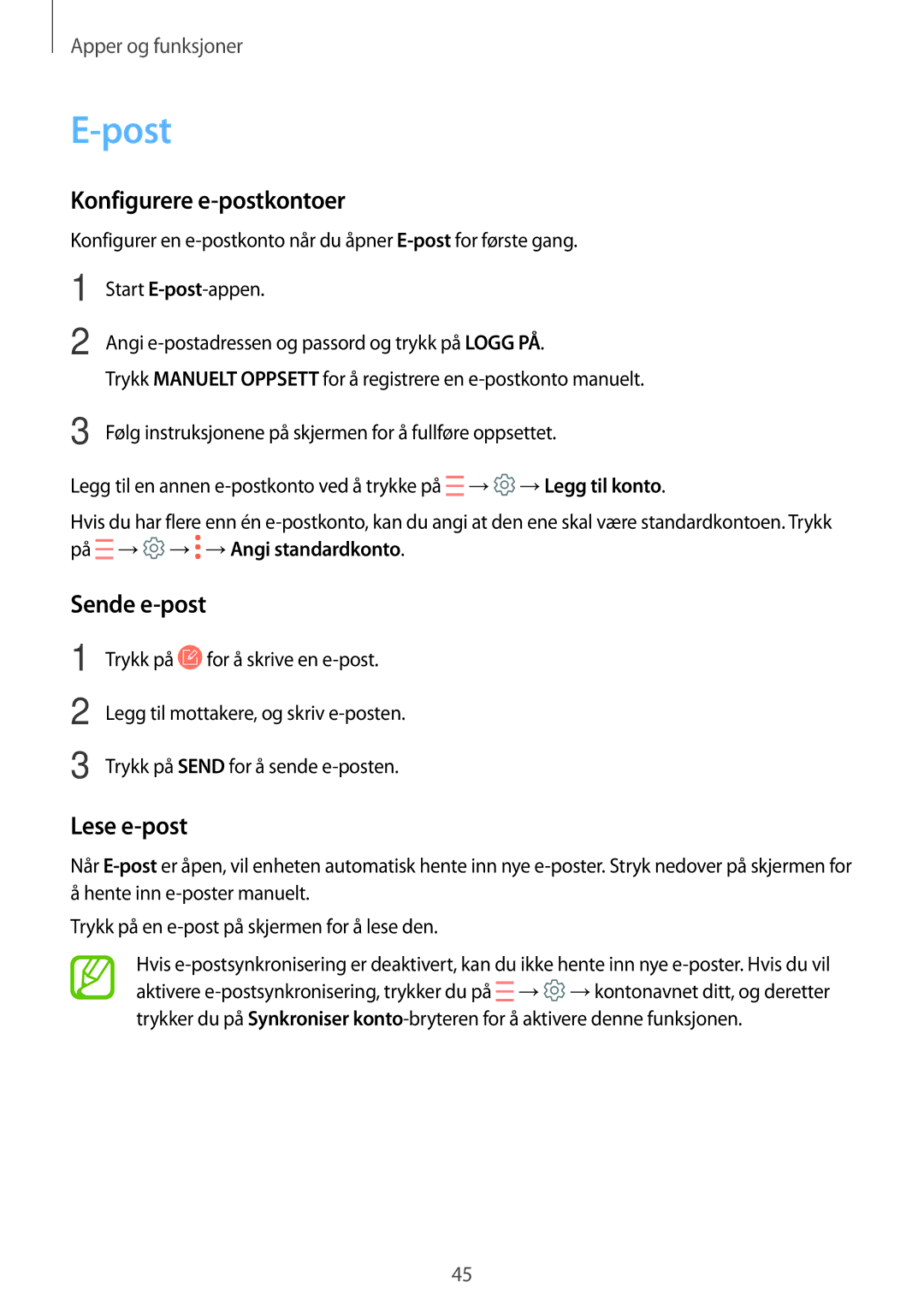 Samsung SM-P550NZAANEE, SM-P550NZWANEE, SM-P550NZBANEE manual Post, Konfigurere e-postkontoer, Sende e-post, Lese e-post 