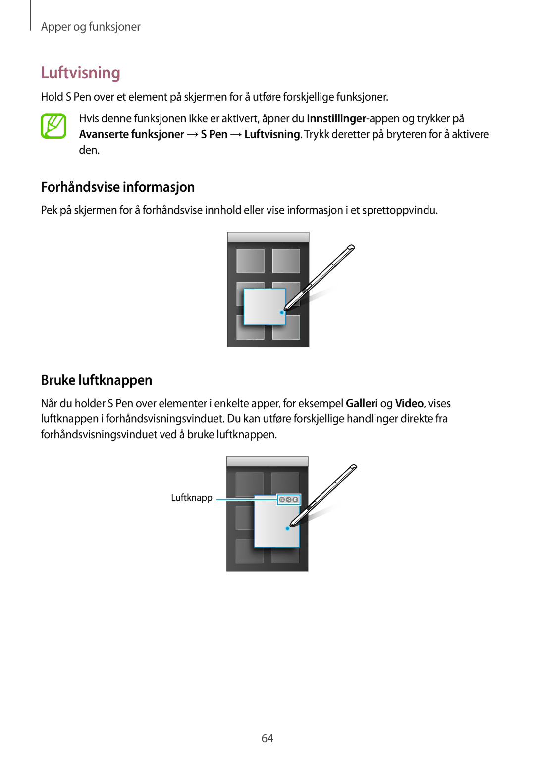 Samsung SM-P550NZWANEE, SM-P550NZAANEE, SM-P550NZBANEE manual Luftvisning, Forhåndsvise informasjon, Bruke luftknappen 