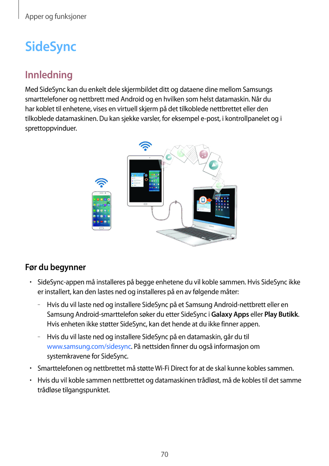 Samsung SM-P550NZBANEE, SM-P550NZWANEE, SM-P550NZAANEE, SM-T550NZWANEE manual SideSync, Før du begynner 