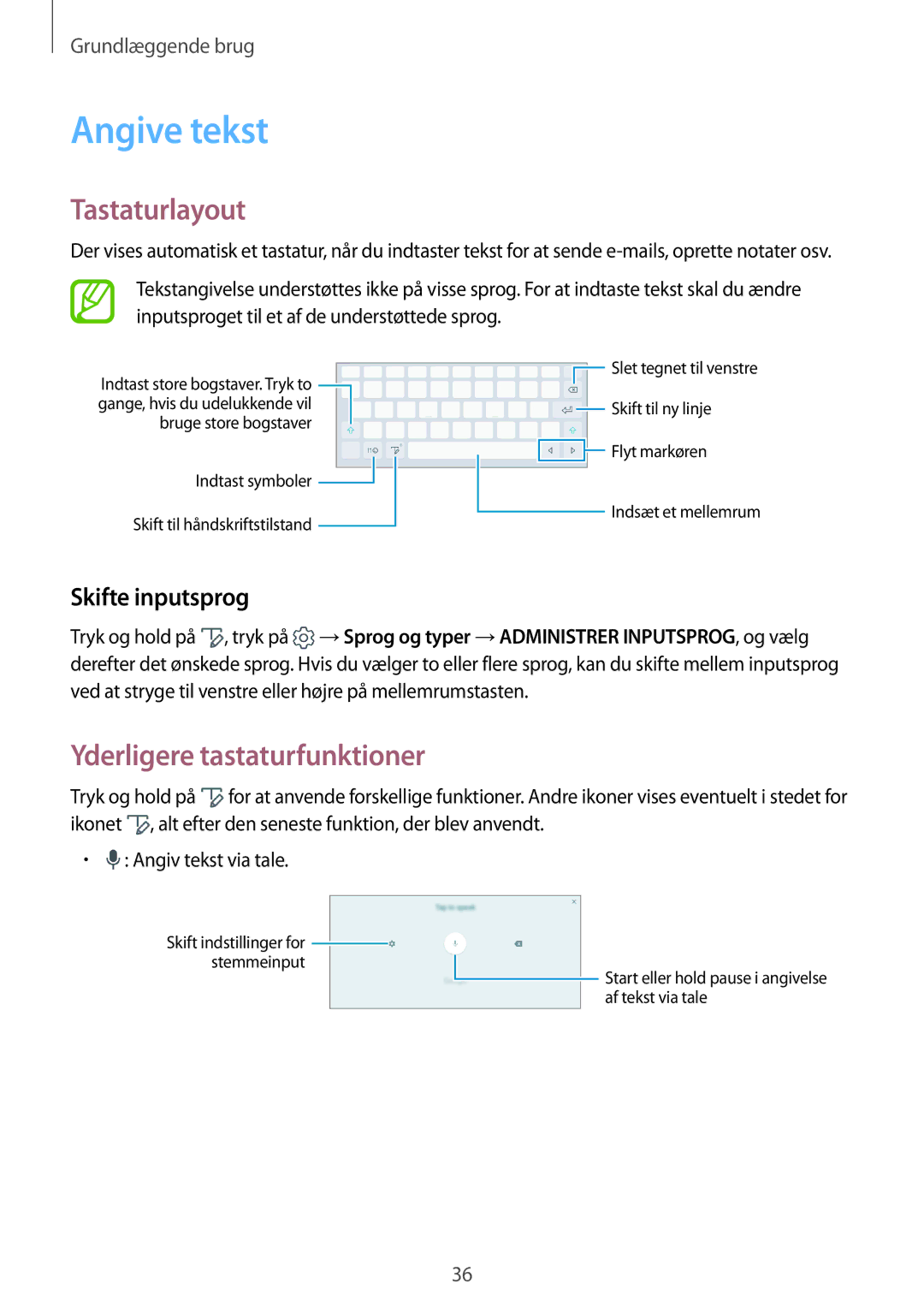 Samsung SM-P550NZWANEE, SM-P550NZAANEE manual Angive tekst, Tastaturlayout, Yderligere tastaturfunktioner, Skifte inputsprog 