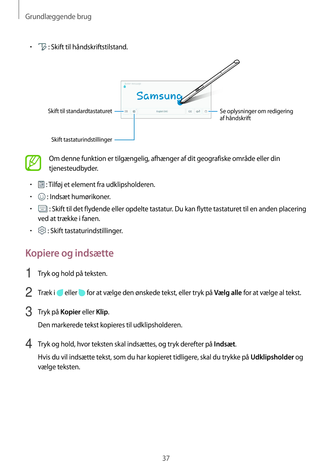 Samsung SM-P550NZAANEE, SM-P550NZWANEE manual Kopiere og indsætte, Skift til håndskriftstilstand, Tryk og hold på teksten 