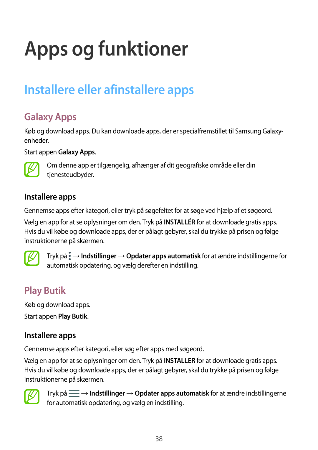 Samsung SM-P550NZBANEE, SM-P550NZWANEE manual Installere eller afinstallere apps, Galaxy Apps, Play Butik, Installere apps 