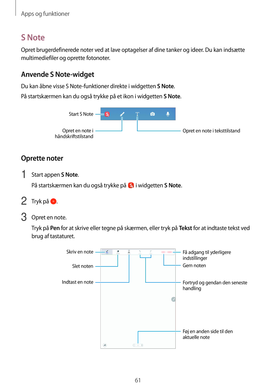 Samsung SM-P550NZAANEE, SM-P550NZWANEE, SM-P550NZBANEE, SM-T550NZWANEE manual Anvende S Note-widget, Oprette noter 