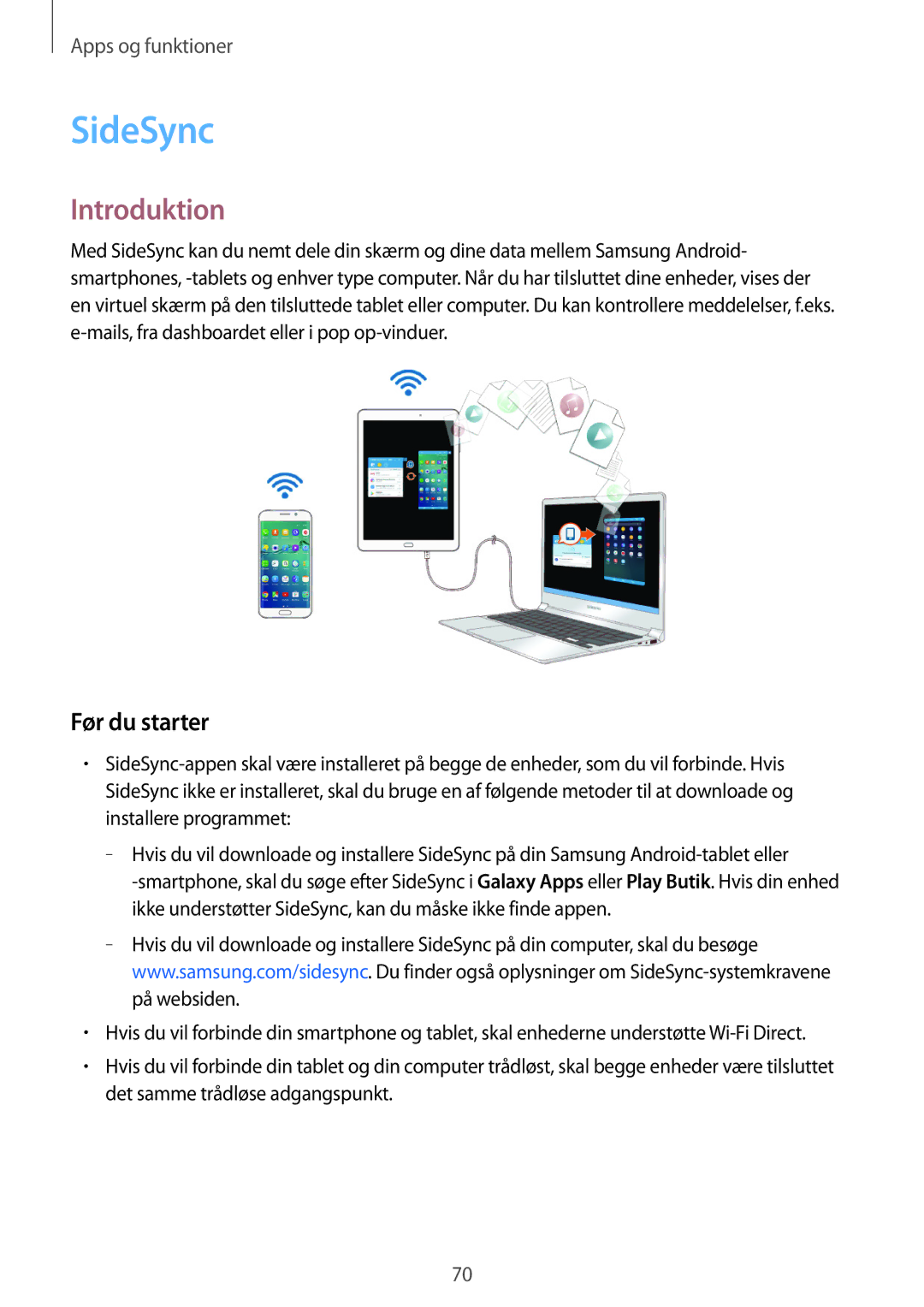 Samsung SM-P550NZBANEE, SM-P550NZWANEE, SM-P550NZAANEE, SM-T550NZWANEE manual SideSync, Før du starter 