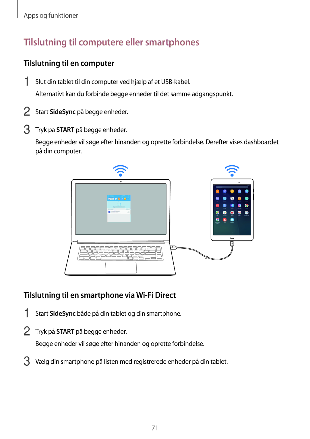 Samsung SM-T550NZWANEE, SM-P550NZWANEE manual Tilslutning til computere eller smartphones, Tilslutning til en computer 