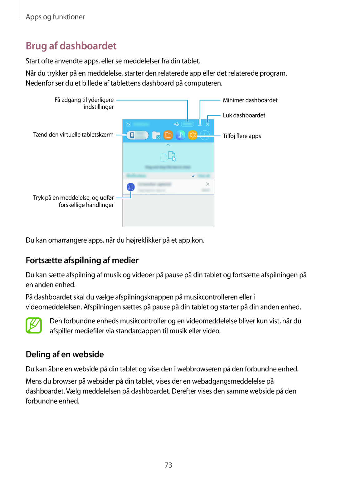 Samsung SM-P550NZAANEE, SM-P550NZWANEE manual Brug af dashboardet, Fortsætte afspilning af medier, Deling af en webside 