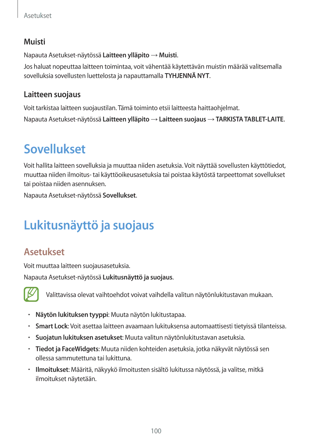 Samsung SM-P550NZWANEE, SM-P550NZAANEE, SM-P550NZBANEE manual Sovellukset, Lukitusnäyttö ja suojaus, Muisti, Laitteen suojaus 