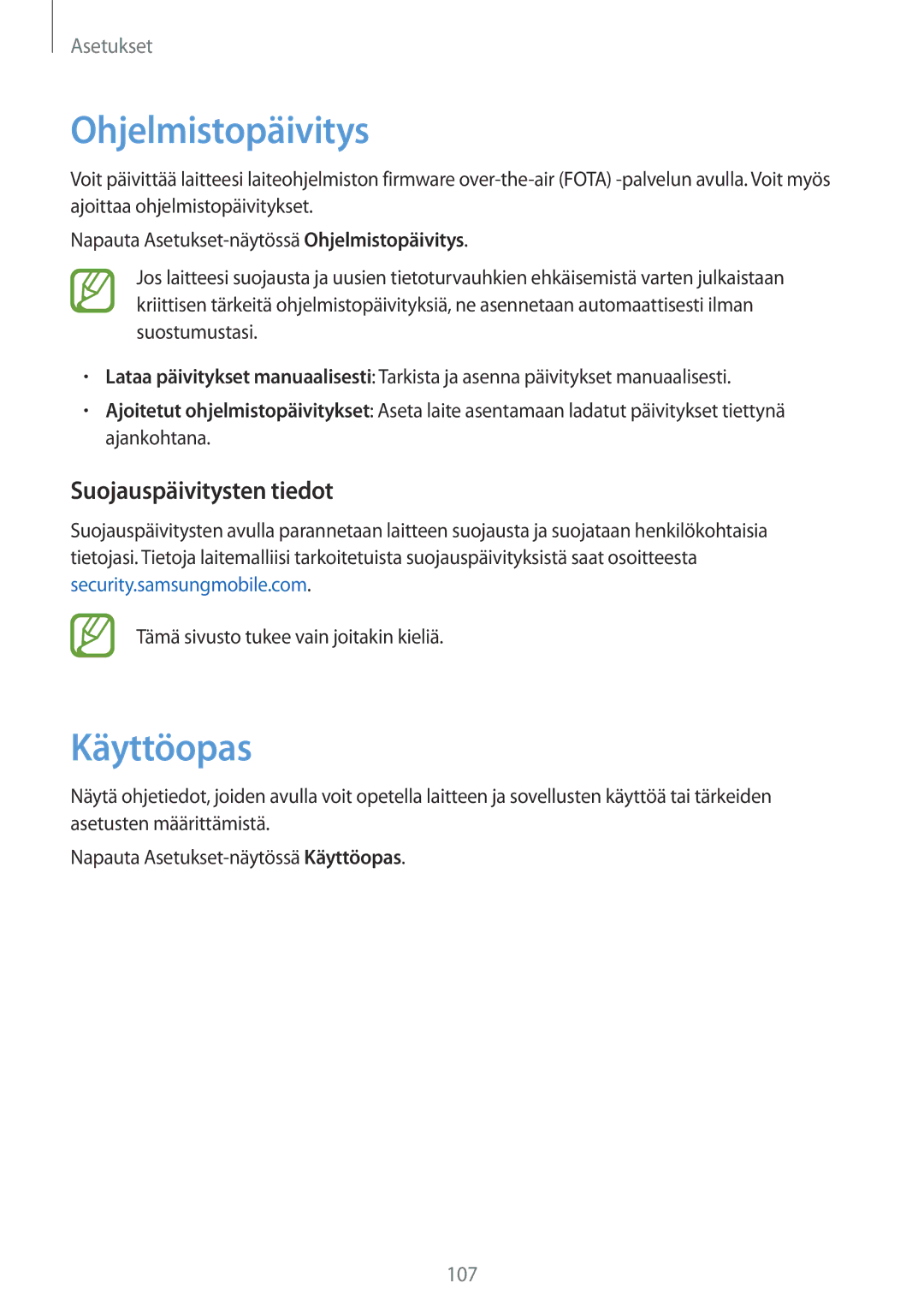 Samsung SM-T550NZWANEE, SM-P550NZWANEE, SM-P550NZAANEE manual Ohjelmistopäivitys, Käyttöopas, Suojauspäivitysten tiedot 