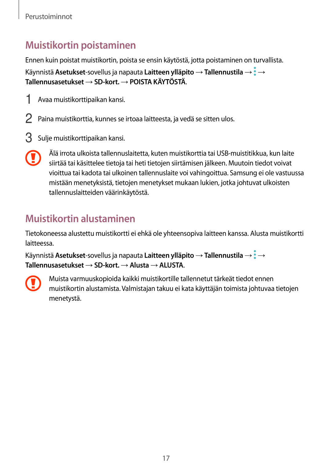 Samsung SM-P550NZAANEE, SM-P550NZWANEE, SM-P550NZBANEE, SM-T550NZWANEE Muistikortin poistaminen, Muistikortin alustaminen 