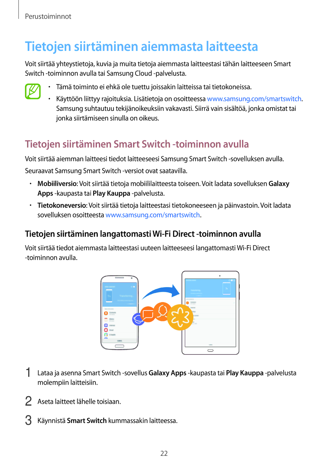 Samsung SM-P550NZBANEE Tietojen siirtäminen aiemmasta laitteesta, Tietojen siirtäminen Smart Switch -toiminnon avulla 