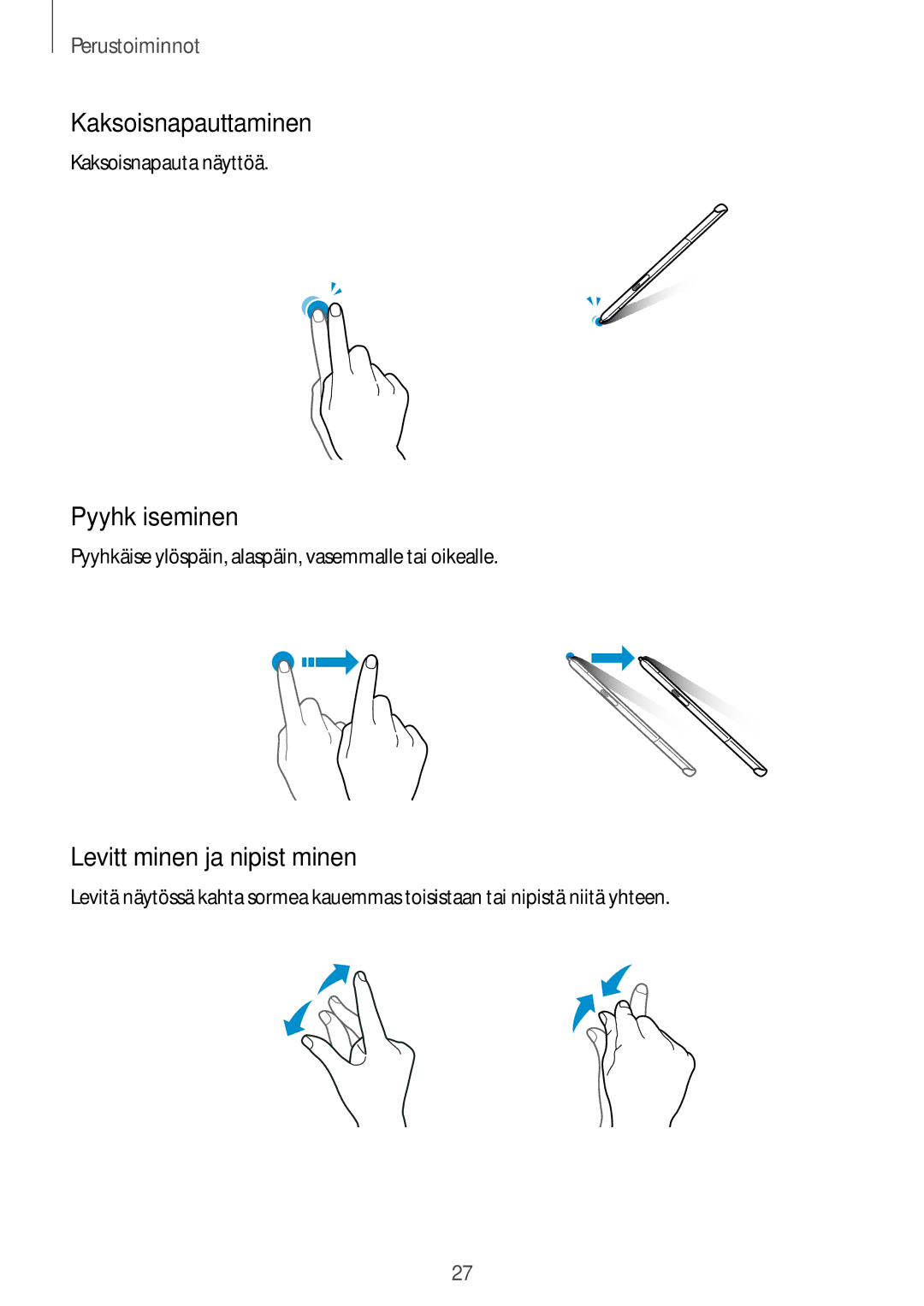 Samsung SM-T550NZWANEE, SM-P550NZWANEE, SM-P550NZAANEE Kaksoisnapauttaminen, Pyyhkäiseminen, Levittäminen ja nipistäminen 