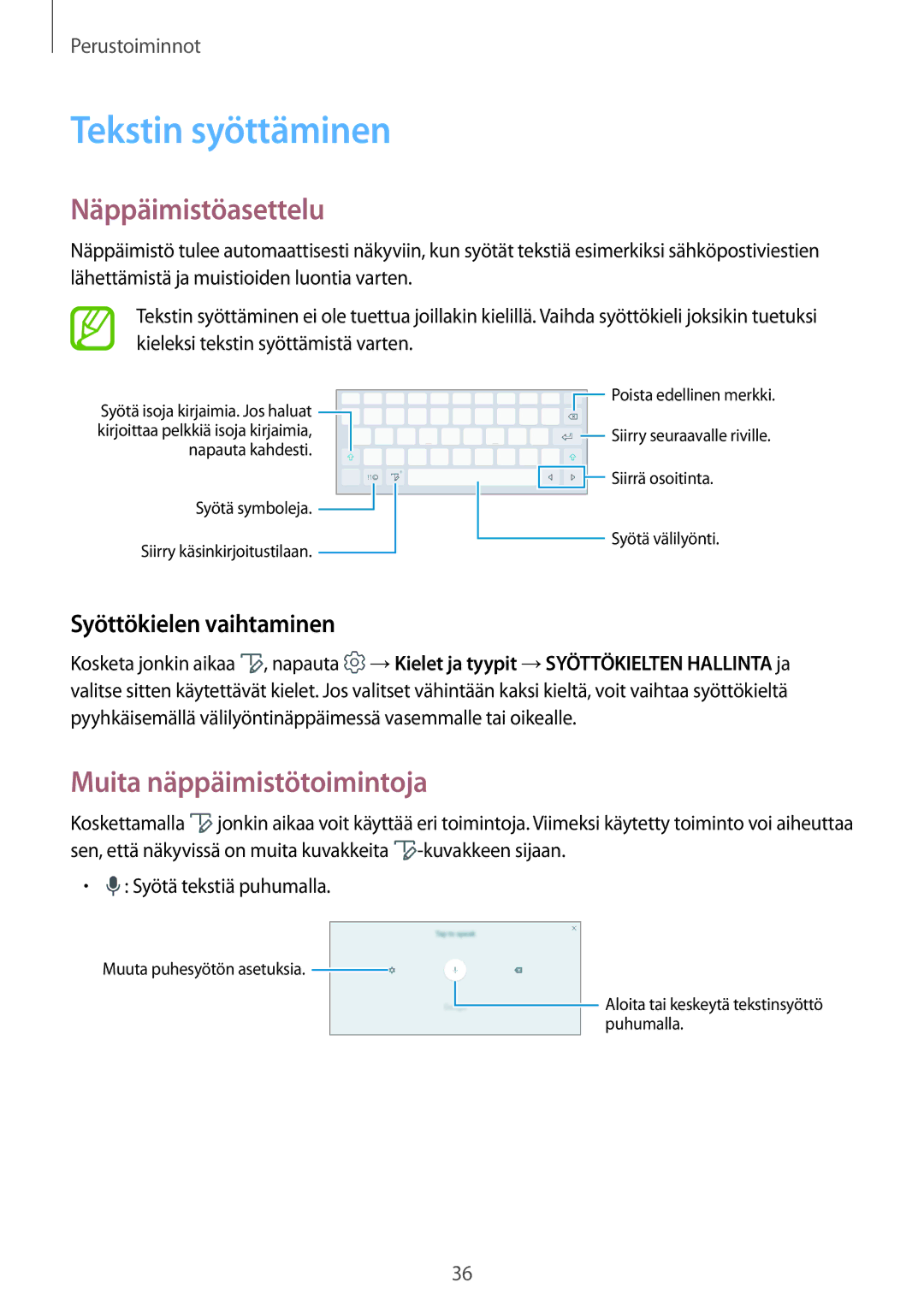 Samsung SM-P550NZWANEE Tekstin syöttäminen, Näppäimistöasettelu, Muita näppäimistötoimintoja, Syöttökielen vaihtaminen 