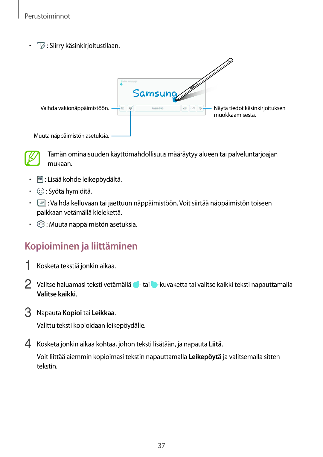 Samsung SM-P550NZAANEE, SM-P550NZWANEE manual Kopioiminen ja liittäminen, Valitse kaikki Napauta Kopioi tai Leikkaa 