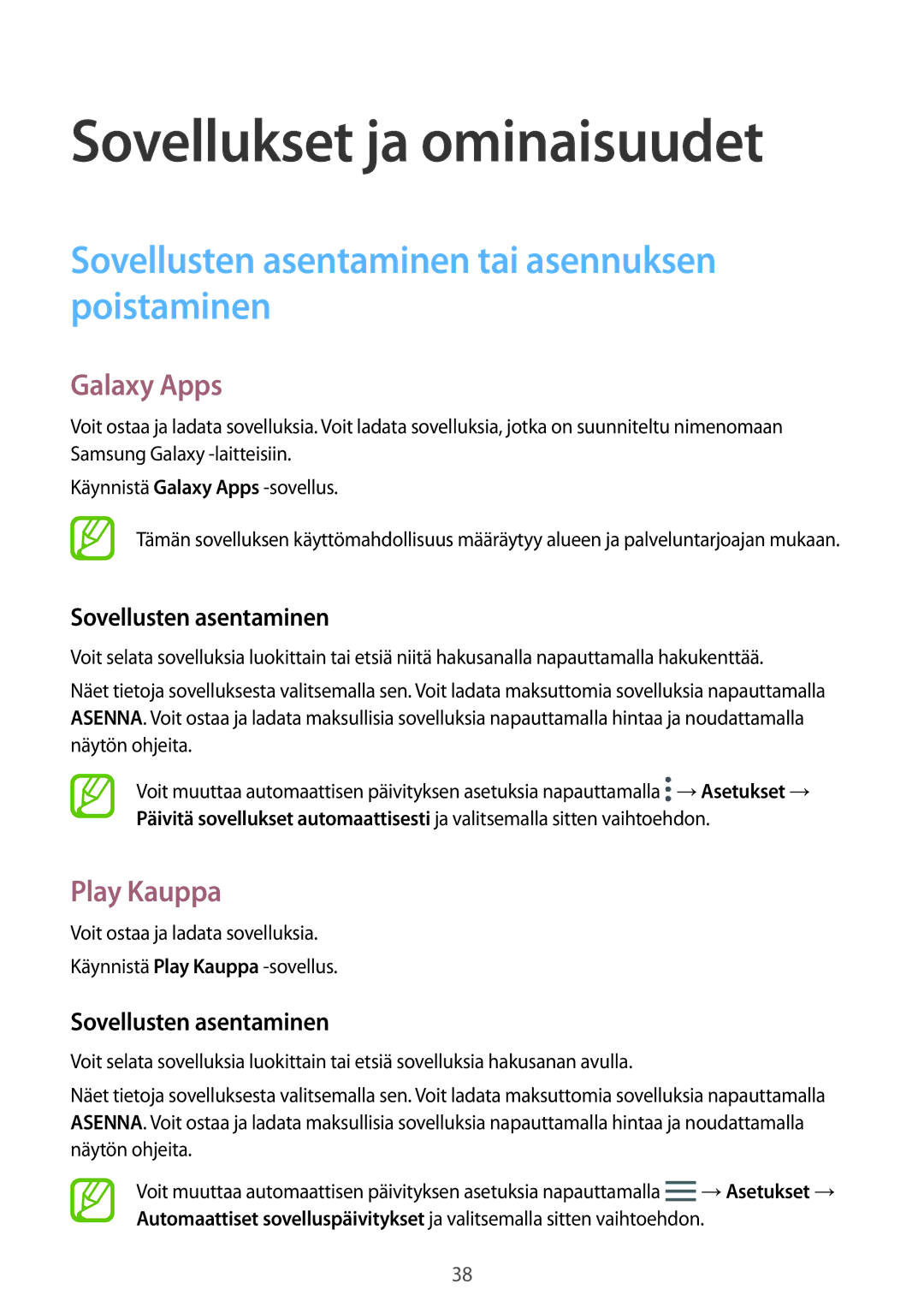 Samsung SM-P550NZBANEE, SM-P550NZWANEE manual Sovellusten asentaminen tai asennuksen poistaminen, Galaxy Apps, Play Kauppa 