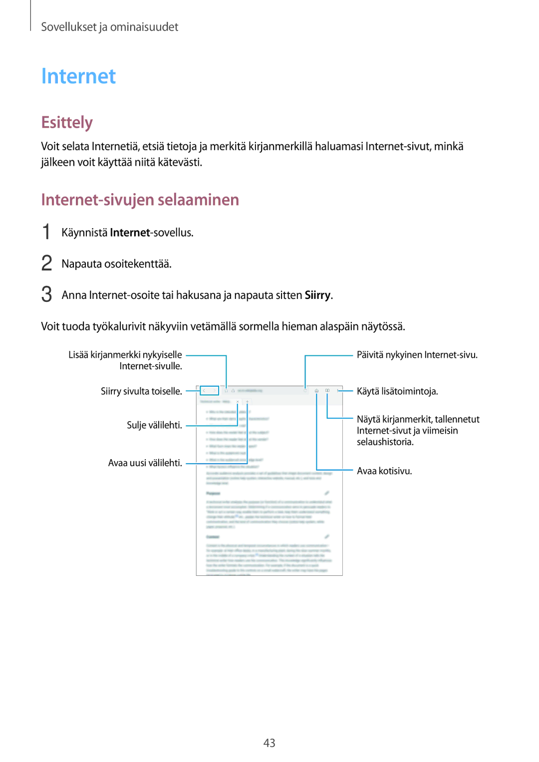 Samsung SM-T550NZWANEE, SM-P550NZWANEE, SM-P550NZAANEE, SM-P550NZBANEE manual Internet-sivujen selaaminen 