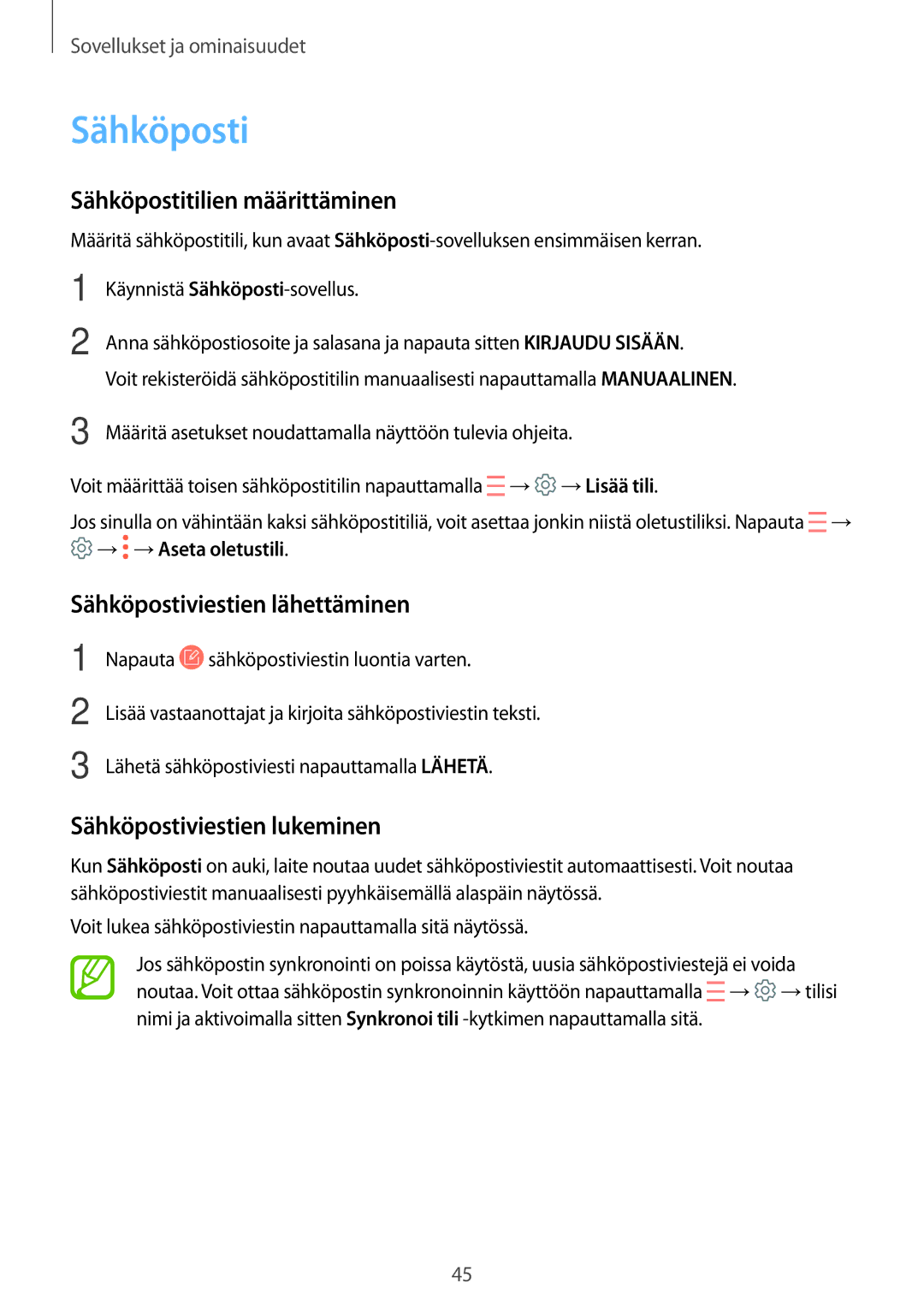 Samsung SM-P550NZAANEE Sähköpostitilien määrittäminen, Sähköpostiviestien lähettäminen, Sähköpostiviestien lukeminen 